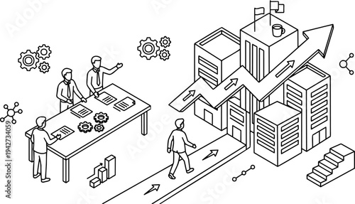 Isometric line art vector of business team strategy meeting and corporate career growth path