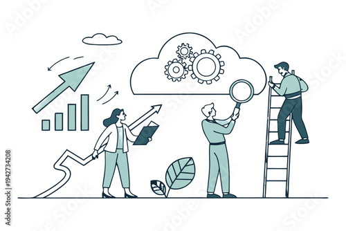 Professional business team managing time and tasks with gears,
Professional Human Resources Illustration.
clock, calendar, and checklist. 
Concept of effective planning, productivity, 
Efficiency at w