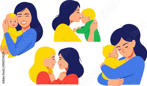 Set of 5 vector illustrations depicting happy mothers interacting with their babies and children, showcasing maternal love and family bonding moments.