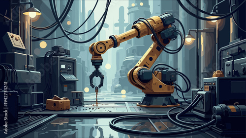 Futuristic factory robot arm in industrial setting with cyberpunk aesthetic