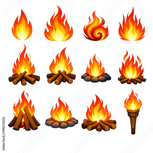 A collection of fire icon designs isolated white background