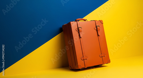 vintage orange suitcase on blue and yellow background