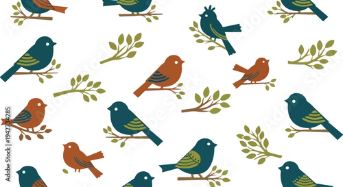 Seamless Vector Pattern with Cute Teal and Brown Birds Perched on Green Branches, Ideal for Nature-Themed Backgrounds, Textiles, and Digital Designs