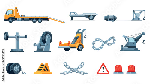 Automotive tow equipment and accessories collection in flat design