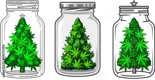 Three cannabis plant Christmas trees in glass jars with metal lids, featuring green leaves and a star on top, vector illustration for holiday themes