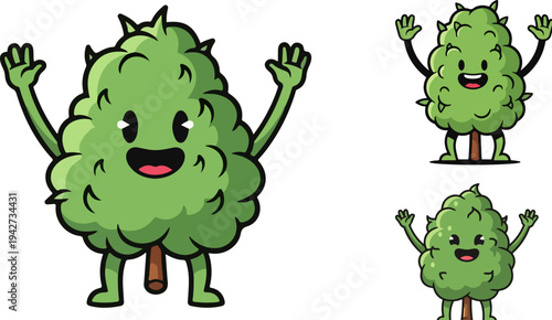 Cute Happy Cannabis Bud Character Vector Illustration Set with Smiling Faces and Raised Arms, Ideal for Dispensary Marketing and Cannabis-Related Content