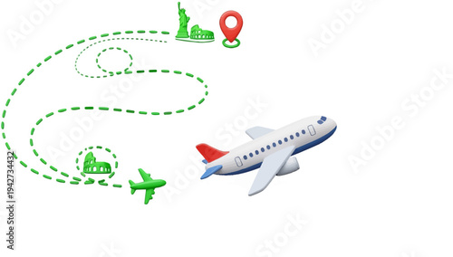 Air travel illustration with icons of landmarks and airplanes