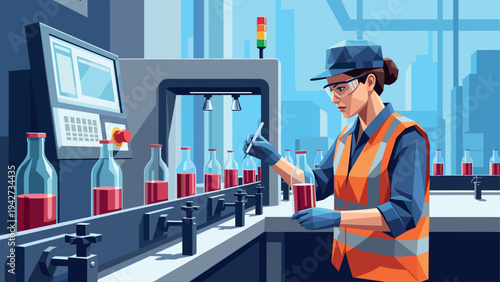 Factory worker inspecting bottles in modern beverage manufacturing facility