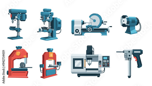 Industrial machinery icons: flat designs of drills, lathes, presses, and cnc machines