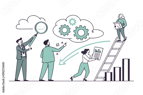 Professional business team managing time and tasks with gears,
Professional Human Resources Illustration.
clock, calendar, and checklist. 
Concept of effective planning, productivity, 
Efficiency at w