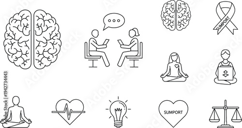Mental Health Awareness and Psychology Therapy Wellness Line Icon Set
