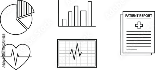 Medical Data Analysis and Patient Report Line Icons for Healthcare Statistics