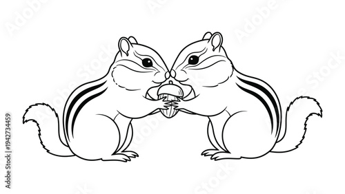 Squirrel Companions: A charming illustration depicts two squirrel-like creatures tenderly sharing a nut, their bodies positioned closely in a loving embrace. 