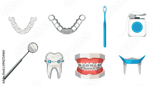 Dental care tools and orthodontic elements in flat design