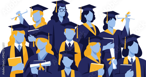 Diverse Group of Graduates in Blue and Gold Gowns and Mortarboards Holding Diplomas, Celebrating Academic Achievement and Future Success Vector Illustration