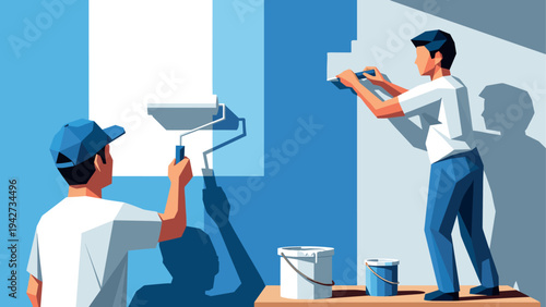 Teamwork in home renovation: two workers painting a wall with blue and white colors