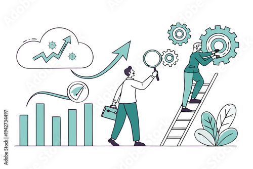 Professional business team managing time and tasks with gears,
Professional Human Resources Illustration.
clock, calendar, and checklist. 
Concept of effective planning, productivity, 
Efficiency at w