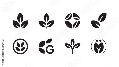 Minimalist icons for nature and sustainability: black and white leaf and plant symbols, including a 'g' initial, suitable for eco-friendly branding