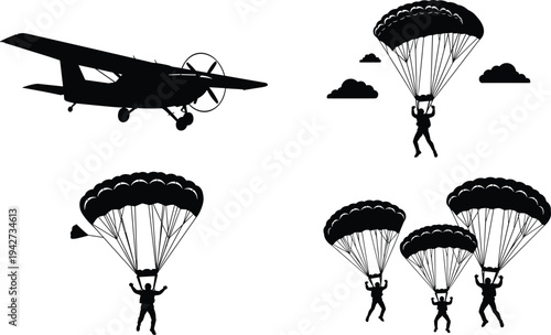 Silhouette illustration of airplane with parachuting skydivers clouds symbolizing aviation adventure skydiving emergency egress resilience and artistic representation