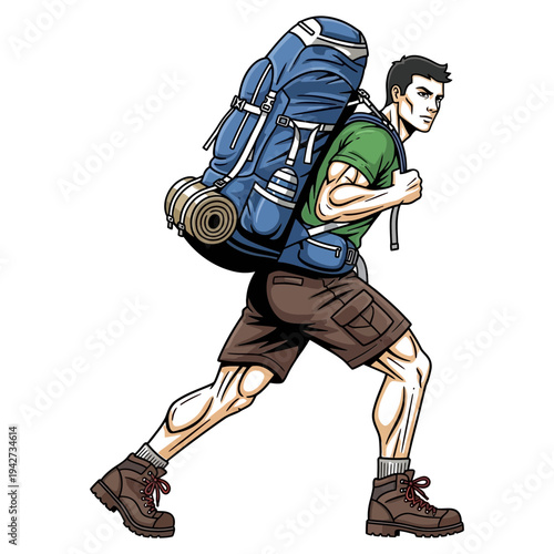 Young hiker with large backpack walking on dirt trail outdoor adventure exploration journey