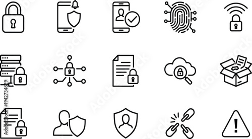 Essential Security Icons Set Illustrating Digital Protection, Data Privacy, and Cyber Safety Concepts for Modern Technology Design Projects