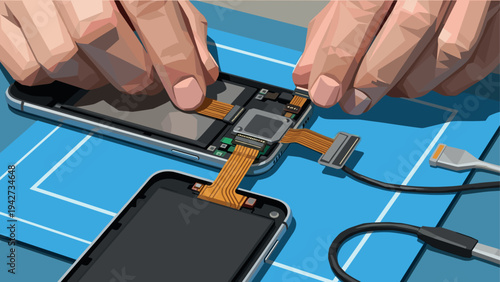 Smartphone repair technician fixing device on workbench with tools