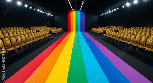 rainbow fashion runway with empty golden chairs