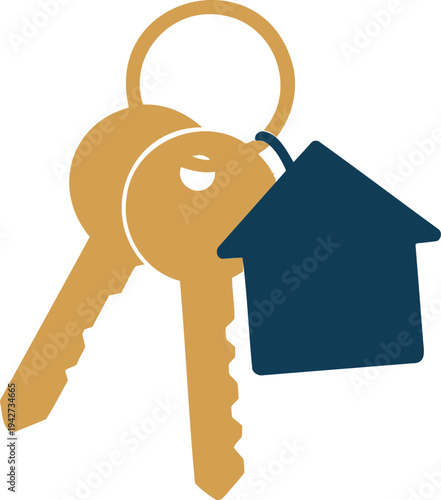 Gold House Keys with a Dark Blue Home Shaped Keychain Isolated on White Background for Real Estate Mortgage Agent and New Homeowner Concepts Illustration