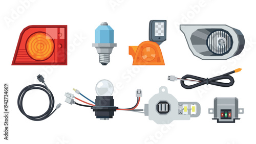 Automotive electrical components flat design collection