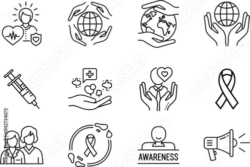 Global Health Awareness and Charity Support Line Icon Set for Medical Care