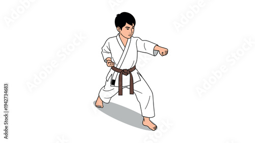 Martial arts training in dynamic pose with karate uniform and focused expression