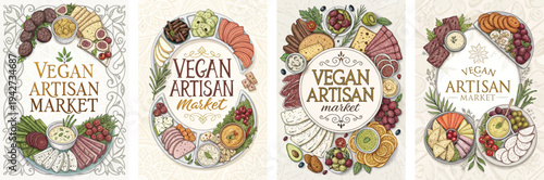 Colorful vegan artisan market display with assorted plant-based foods and cheeses.