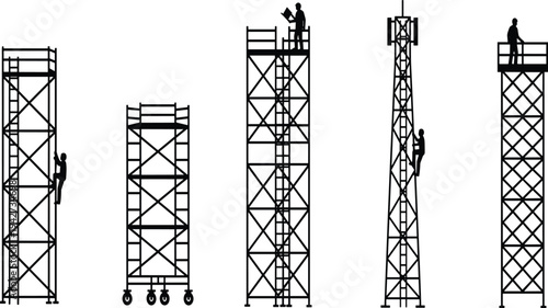 Five Different Types of Scaffolding Towers with Workers Performing Construction Tasks at Height Outdoors