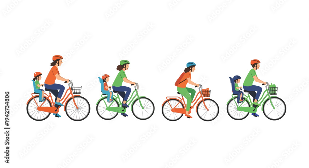 Fototapeta premium Collection of stylized diverse families including mothers and fathers riding bicycles with children in safety seats showcasing varied outdoor recreational transport options and healthy lifestyle choic