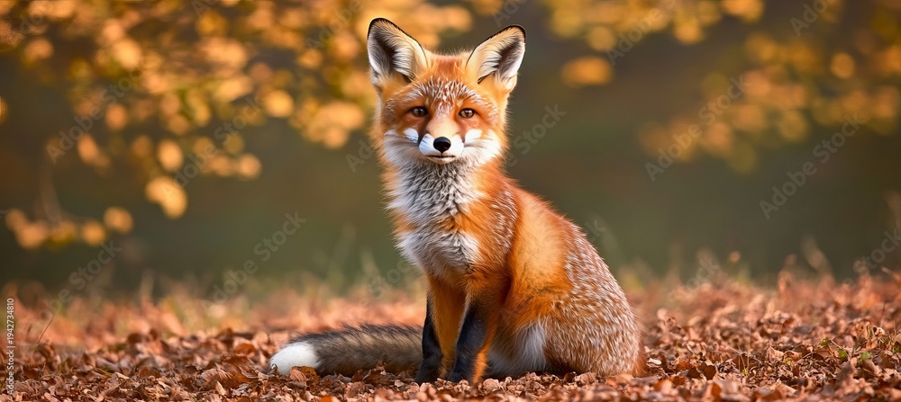 Naklejka premium Majestic Red Fox Portrait Captivating Gaze Surrounded by Vibrant Autumn Leaves in Woodland Scene
