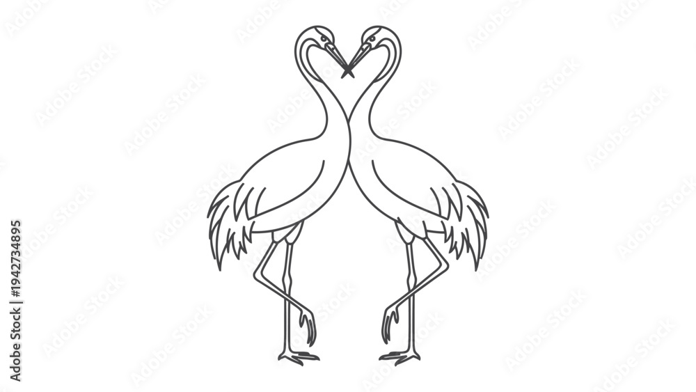 Obraz premium Elegant crane love: A simple, black and white sketch depicts two cranes facing each other, their necks gracefully forming a heart shape, symbolizing love, peace, and togetherness. 