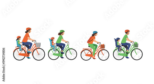 Collection of stylized diverse families including mothers and fathers riding bicycles with children in safety seats showcasing varied outdoor recreational transport options and healthy lifestyle choic