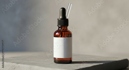 empty amber glass dropper bottle with white label on grey surface