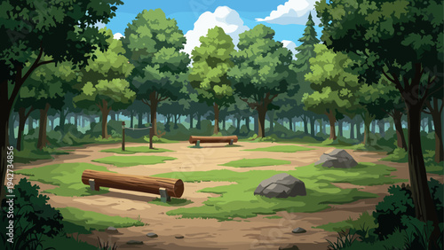 Scenic forest clearing with lush greenery and blue sky