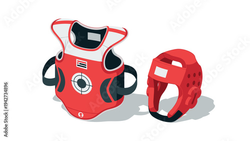Red protective martial arts gear and helmet for training and competitions