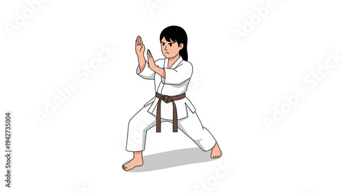 Karate practitioner in defensive stance with traditional uniform and belt