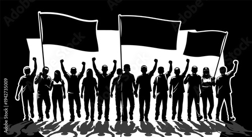 Black and white vector illustration of a crowd of protesters holding flags and raising fists in a powerful social demonstration.