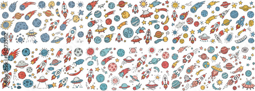 Colorful hand-drawn space-themed doodles including rockets and planets in a fun and whimsical style.