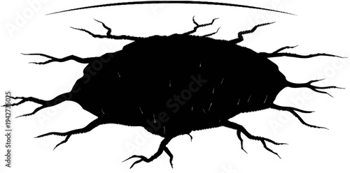 Abstract black void with radiating cracked lines and falling streaks