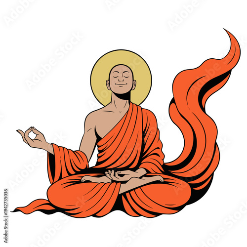 A stylized, minimalist illustration of a Buddhist monk meditating in a lotus position.