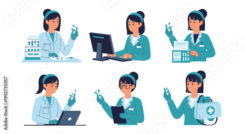 A collection of six cartoon illustrations showcasing a dedicated female pharmacist or medical professional engaged in essential healthcare and pharmaceutical duties, including meticulously handling ca
