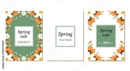 A beautiful collection of vibrant spring sale promotion banners or social media post templates, adorned with charming white and orange flowers and delicate green leaves, offering a fresh aesthetic per