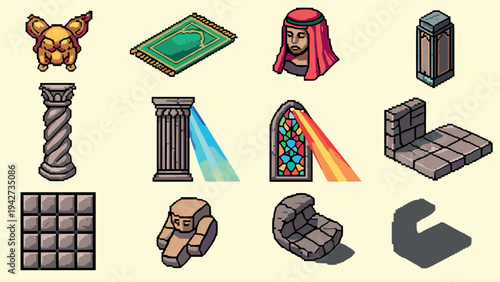 Pixel art icons of historical and cultural artifacts with ancient and architectural themes