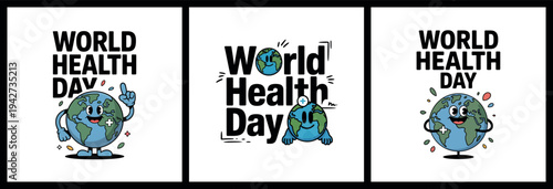 World Health Day Fun Earth Cartoon Characters Celebration