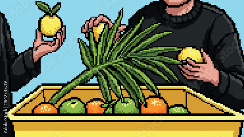Pixel art citrus harvest with lemons and oranges in a box featuring greenery